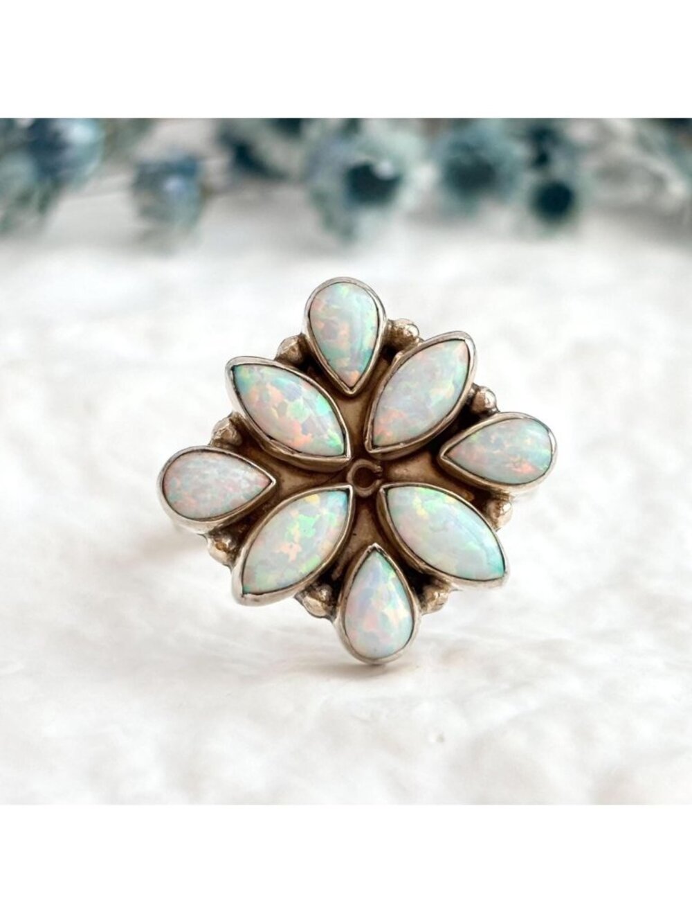 Opal Cluster Marquise Gemstone Stering Silver 925 Art Deco Vintage Ring sz 9.5